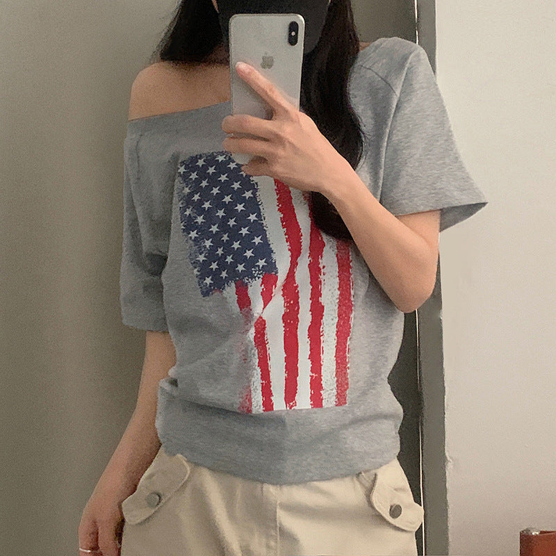 Damen lässiges T-Shirt mit amerikanischem Flaggen-Design und weichem Baumwollmaterial Echo Archiv