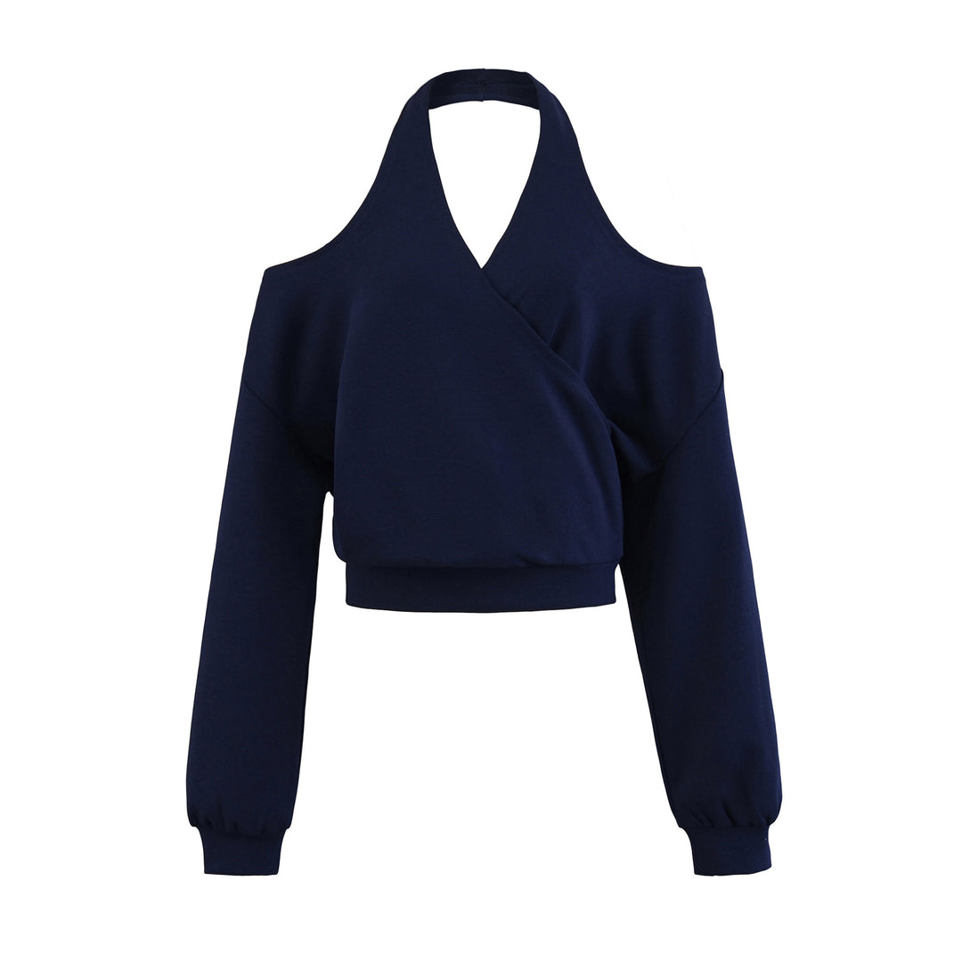Damen Cropped Sweatshirt mit Neckholder, Cold-Shoulder und Wickeloptik Echoarchiv