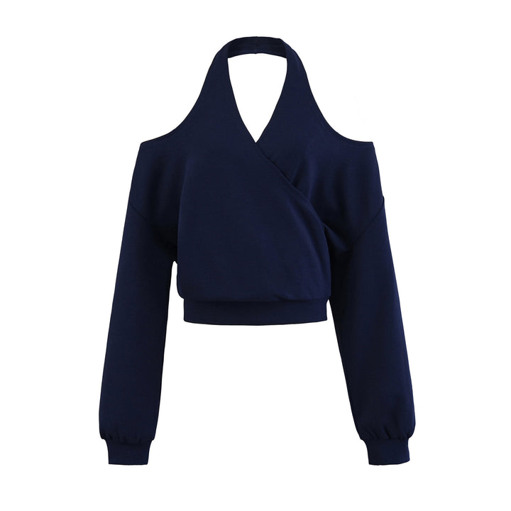 Damen Cropped Sweatshirt mit Neckholder, Cold-Shoulder und Wickeloptik Echoarchiv