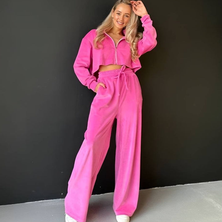 Damen gekürztes Velours-Cropped-Hoodie mit Stehkragen und elastischer High-Waist-Palazzo-Jogginghose – Auréline