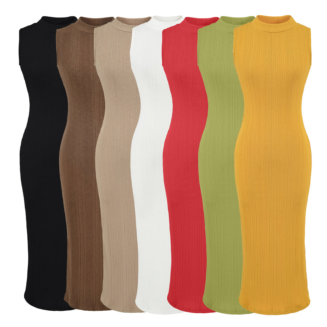 Damen Midikleid in Rippstrick, ärmelloses Slim‑Fit mit Stehkragen Echoarchiv