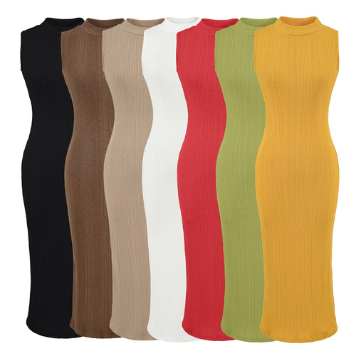 Damen Midikleid in Rippstrick, ärmelloses Slim‑Fit mit Stehkragen Echoarchiv