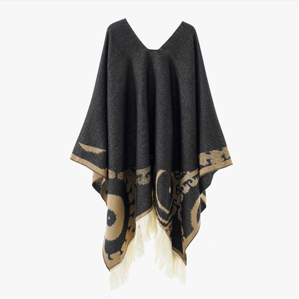 Damen Wollmix-Medallionponcho mit V-Ausschnitt und Fransensaum Echo Archiv