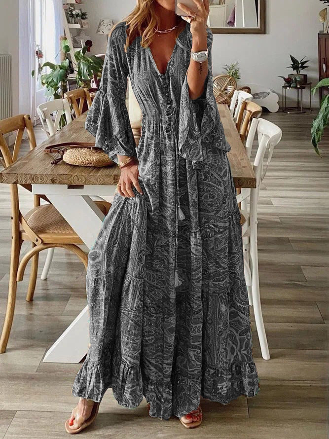 Damen Boho Maxikleid mit Paisley-Print, V-Ausschnitt, Stufenrock und Bindegürtel Echoarchiv