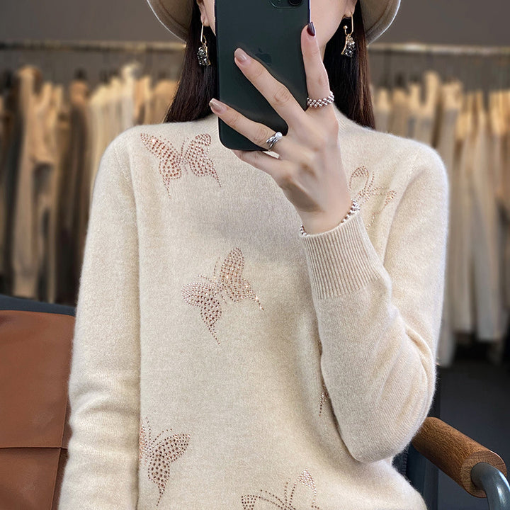 Damen Stehkragen-Feinstrickpullover mit Strass-Schmetterlingsapplikation Echoarchiv