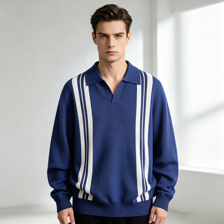 Unisex Feinstrick-Polo mit offenem V-Kragen und vertikalen Kontraststreifen Echoarchiv