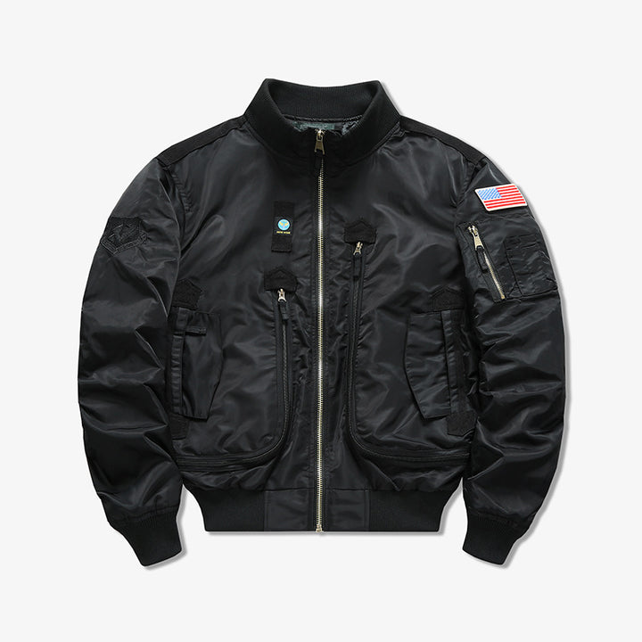 Men's tactical flight bomber jacket with multiple angled zip and flap pockets – Brevano