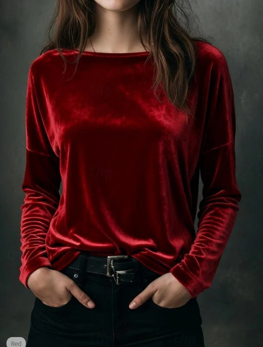 Damen Feines Velours-Langarmshirt mit U-Boot-Ausschnitt und kastiger Silhouette Echoarchiv