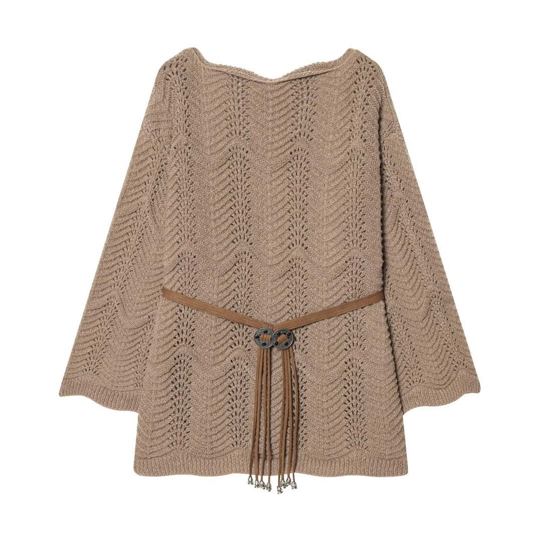 Damen Gestricktes Poncho-Cape mit Ajourmuster und Lederquasten-Gürtel Echo Archiv