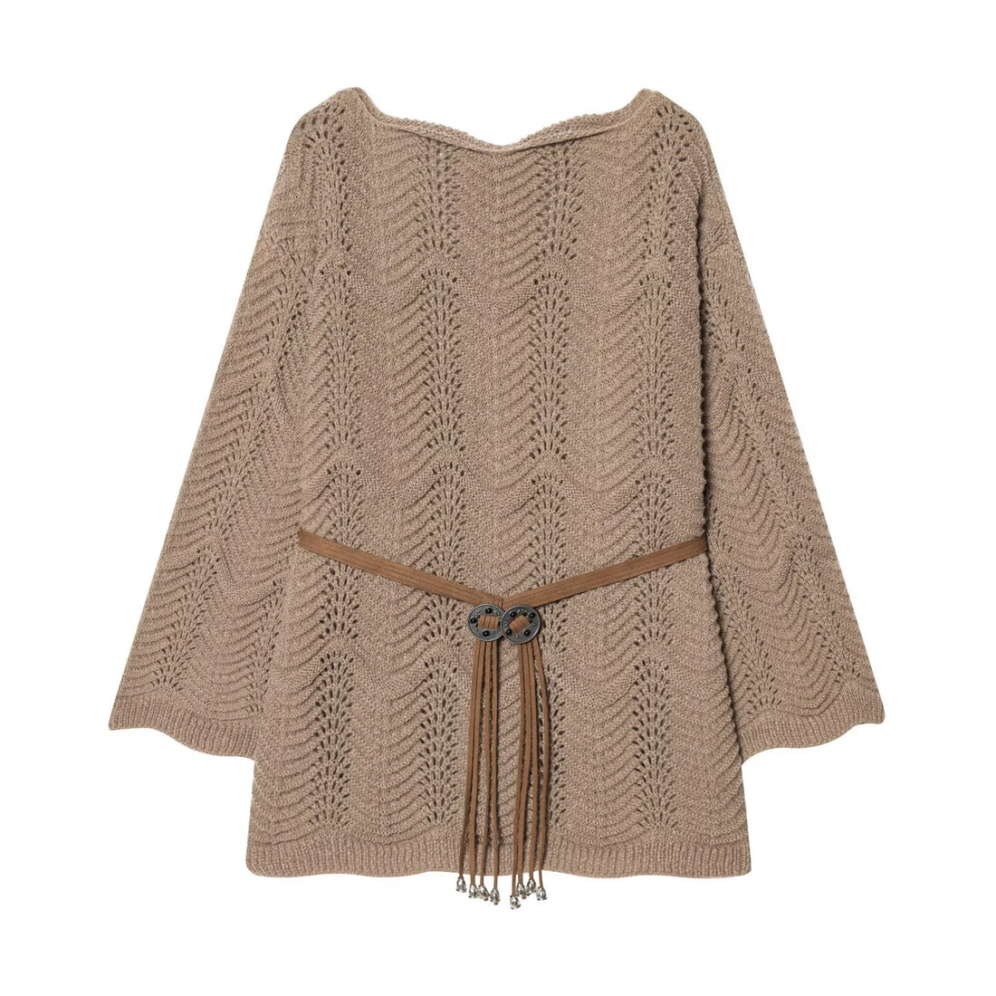 Damen Gestricktes Poncho-Cape mit Ajourmuster und Lederquasten-Gürtel Echo Archiv