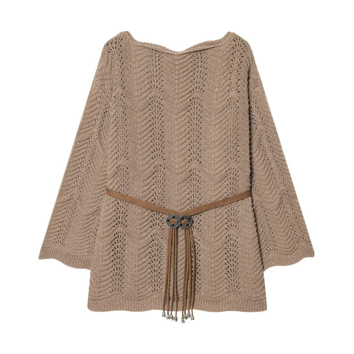 Damen Gestricktes Poncho-Cape mit Ajourmuster und Lederquasten-Gürtel Echo Archiv