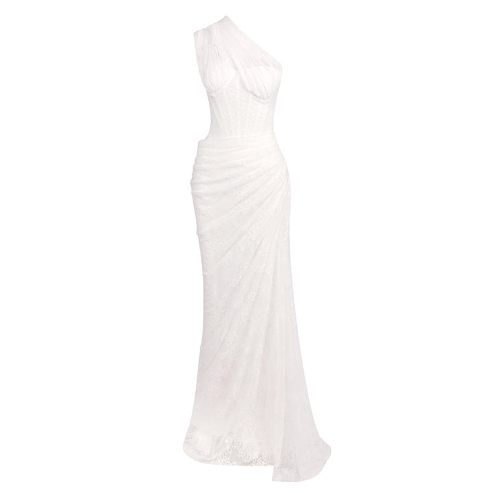 Damen elegantes Abendkleid mit asymmetrischem One-Shoulder-Design und floralem Spitzenbesatz Echo Archiv