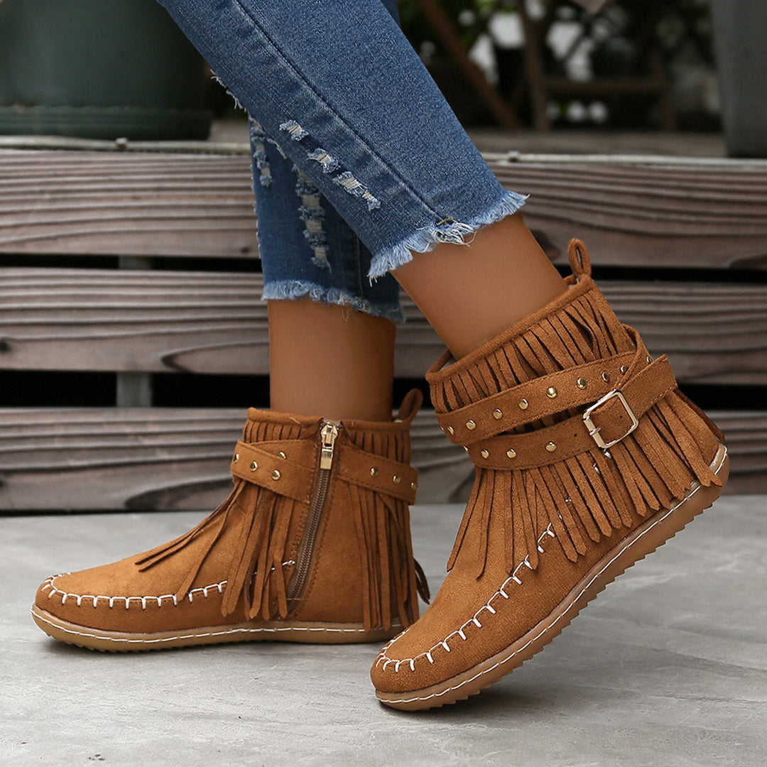 Damen Boho-Fransen-Ankleboots im Mokassinstil mit Nietenbesatz und Zierschnalle Echo Archiv