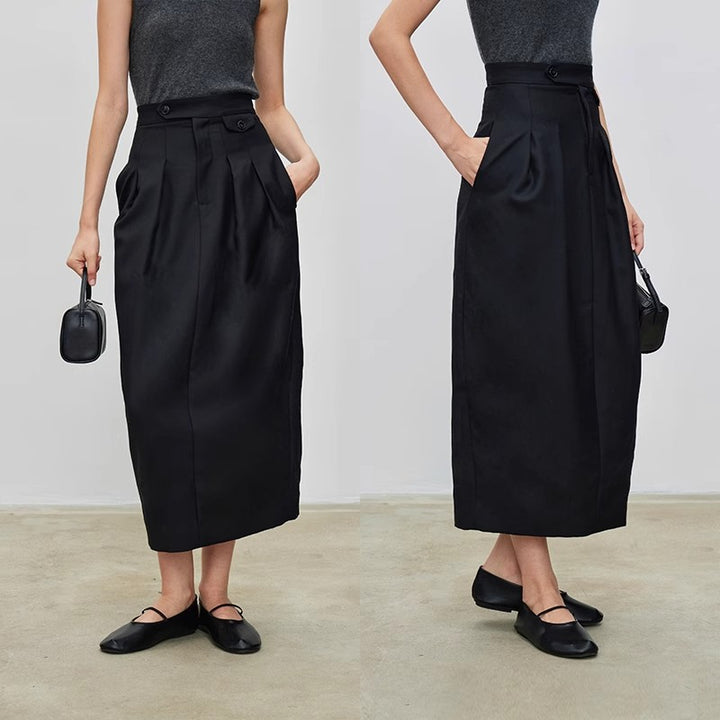Damen Hochtaillierter Midirock mit Bundfalten, Eingrifftaschen und geradem Fall Echo Archiv