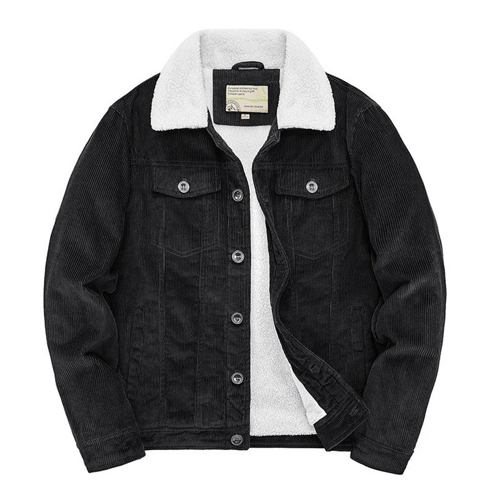 Herren Kord-Workerjacke mit durchgehendem Teddyfutter, Hemdkragen und Brusttasche Echoarchiv