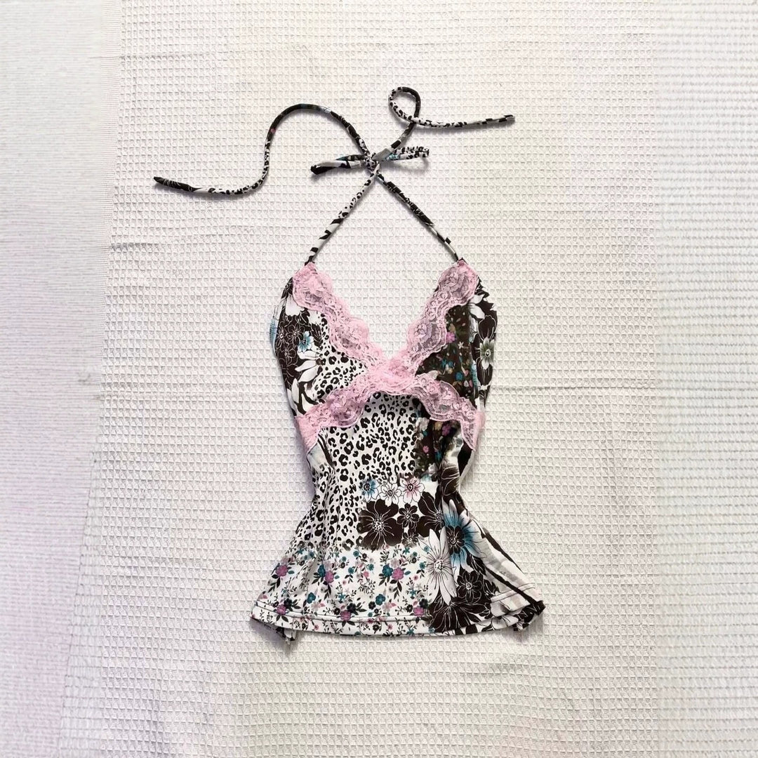 Damen Verspieltes Haltertop mit floralem und Leopardenmuster Echo Archiv