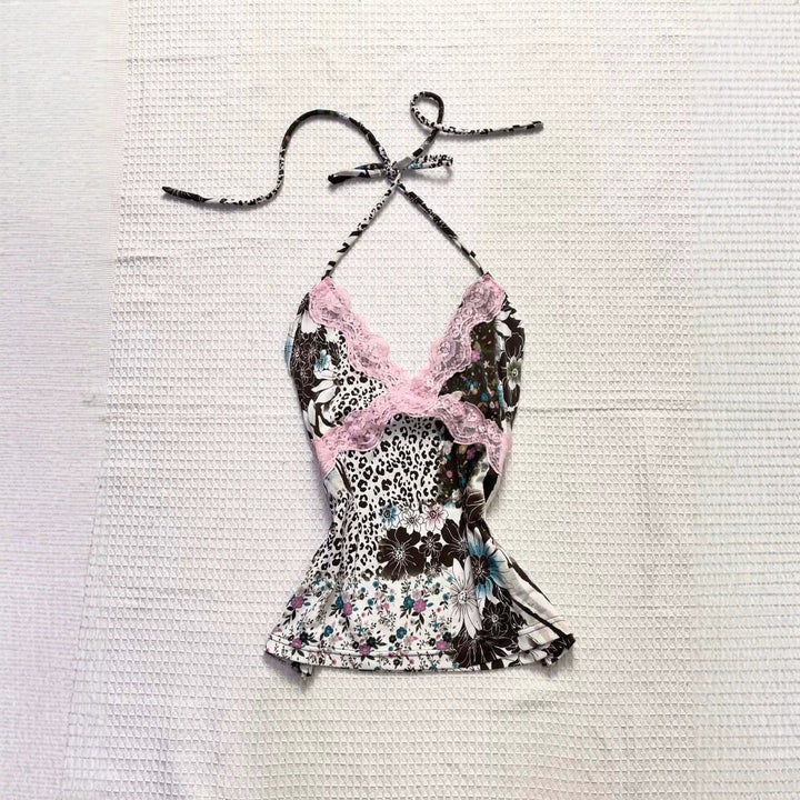Damen Verspieltes Haltertop mit floralem und Leopardenmuster Echo Archiv