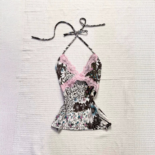 Damen Verspieltes Haltertop mit floralem und Leopardenmuster Echo Archiv