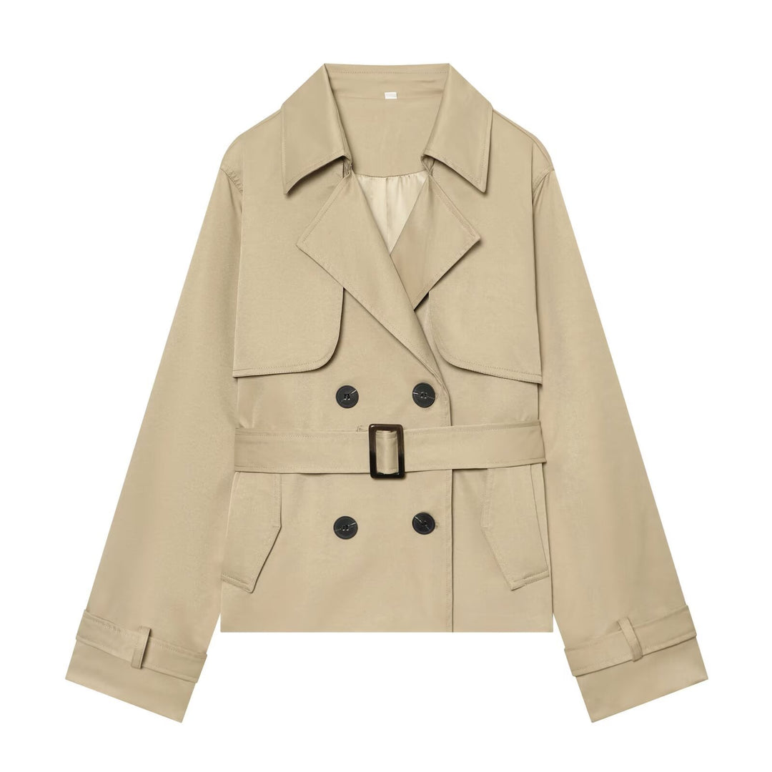 Damen Kurzer Cropped-Trenchcoat mit doppelreihiger Knopfleiste, Taillengürtel und Schulterpatten Echoarchiv