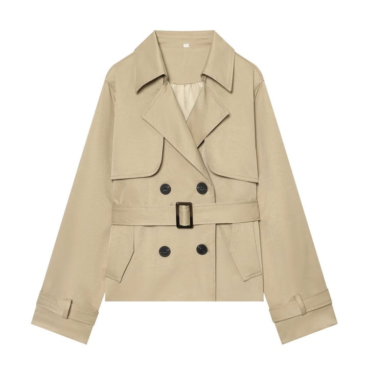 Damen Kurzer Cropped-Trenchcoat mit doppelreihiger Knopfleiste, Taillengürtel und Schulterpatten Echoarchiv