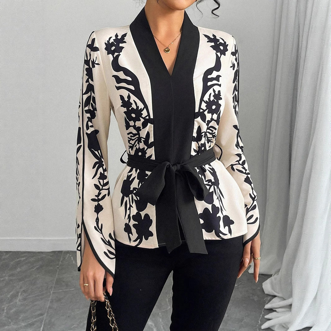 Damen Kimono-Bluse mit floralem Druck, V-Ausschnitt und Taillenbindegürtel – Avérine