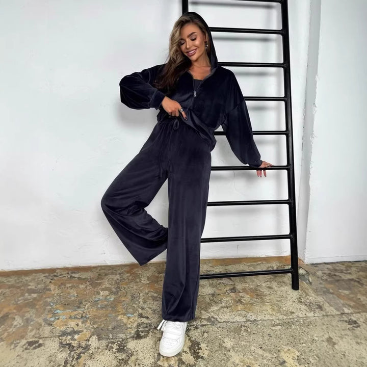 Damen luxuriöses Velours-Lounge-Set mit kurzem Reißverschluss-Hoodie und weitem High-Waist-Hose – Auréline