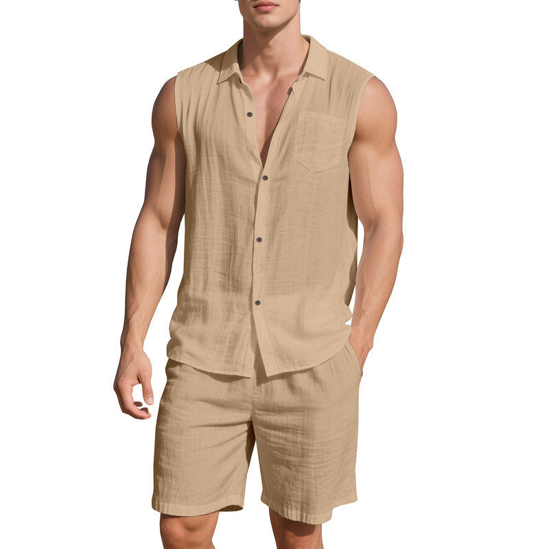 Herren lässiges Sommer-Outfit mit Hemd ohne Ärmel und Shorts Echoarchiv