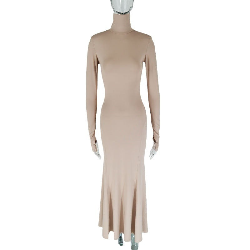 Damen figurbetontes Maxikleid mit hohem Kragen und langen Ärmeln Echo Archiv