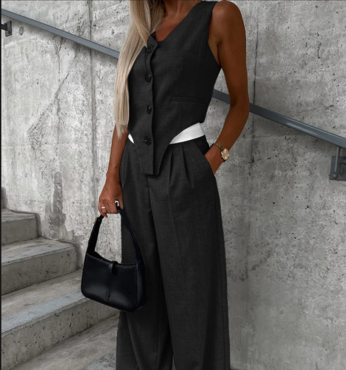 Damen Asymmetrisches Gilet- und Palazzohosen-Set mit Bundfalten und Eingrifftaschen – Avélisse