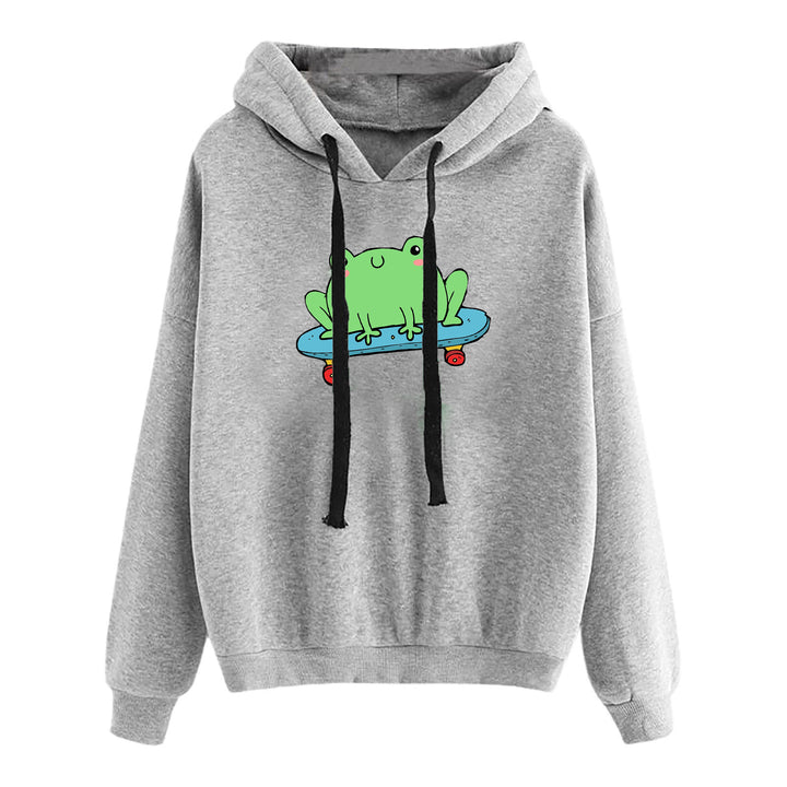 Damen kurz geschnittener Cropped-Kapuzenpullover mit niedlicher Frosch-Illustration und verstellbarer Kapuze – Auréline