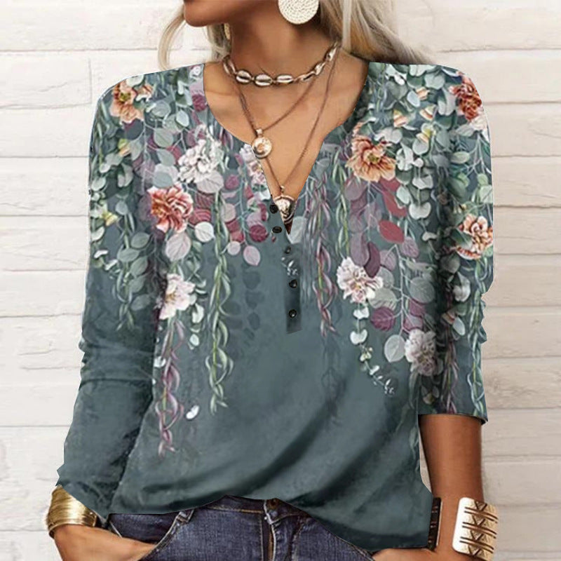 Damen Lockeres Langarm‑Henleyshirt mit V‑Ausschnitt, Knopfleiste und Ombre‑Print – Avérine