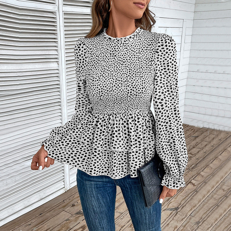 Damen Gesmoktes Chiffon-Blusenshirt mit Stufen-Peplum und Rüschenärmeln Echoarchiv