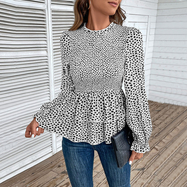 Damen Gesmoktes Chiffon-Blusenshirt mit Stufen-Peplum und Rüschenärmeln Echoarchiv