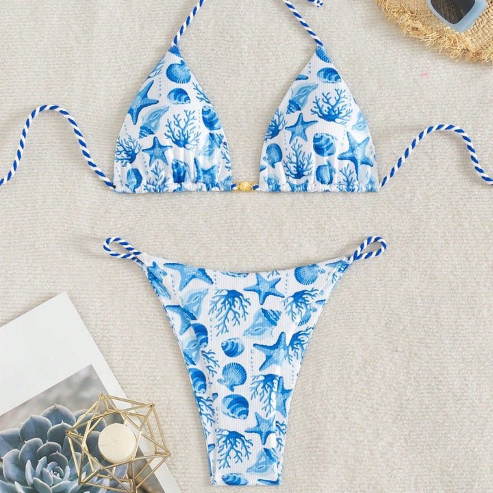 Damen Triangel-Bikini mit maritimen Motiven und verspielten Kordelbindungen Echo Archiv