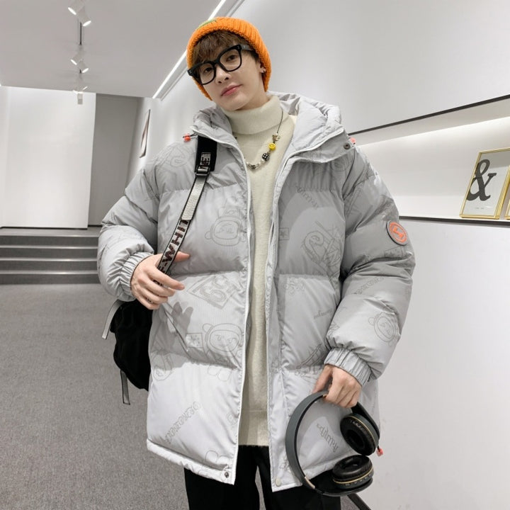 Herren gefütterte oversized Steppjacke mit Kapuze und Allover-Print Echoarchiv