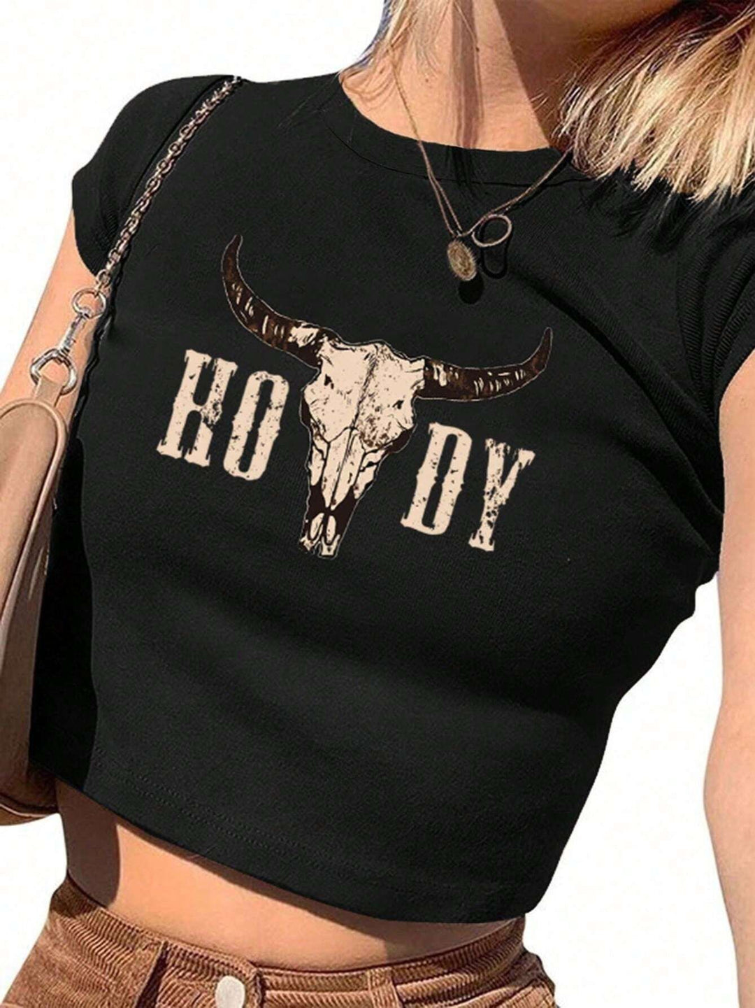 Damen Crop-T-Shirt mit kreativen Cow Skull Design Echo Archiv