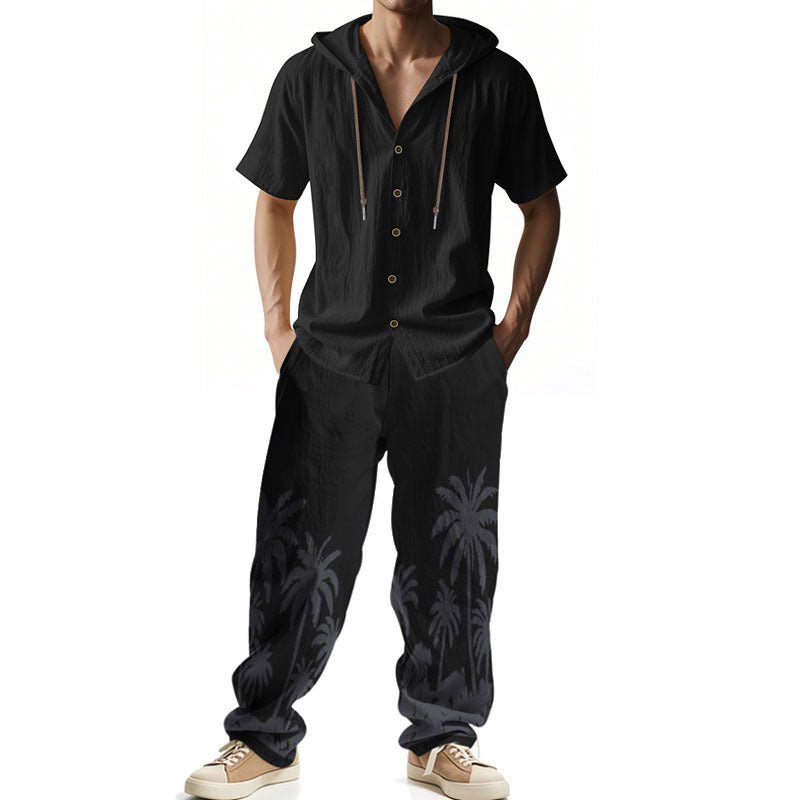 Herren lässiges Sommer-Outfit mit Kapuze und aufgedrucktem Palmenmuster Echoarchiv
