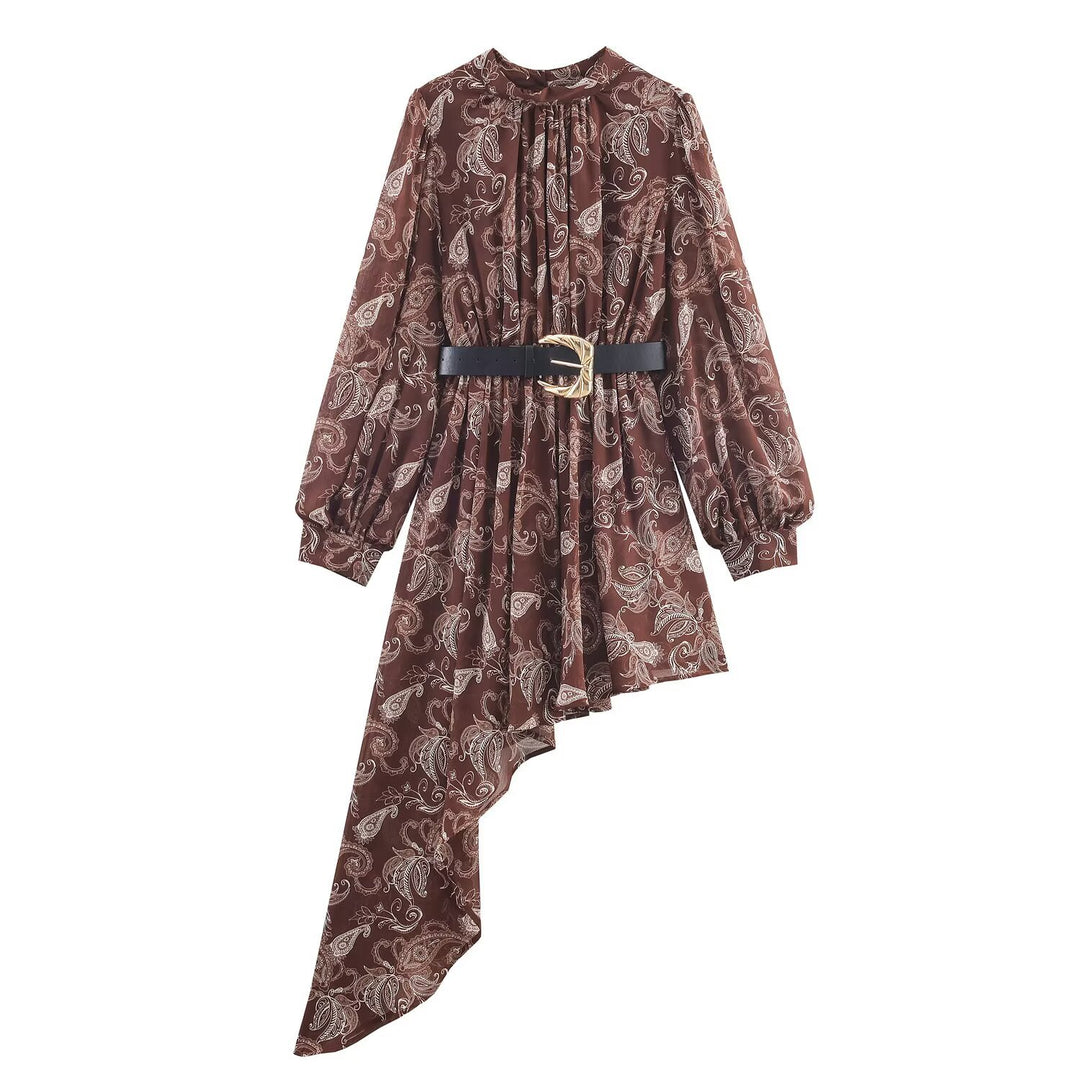 Damen Asymmetrisches Paisley‑Chiffon‑Minikleid mit Ballonärmeln und Taillengürtel Echoarchiv