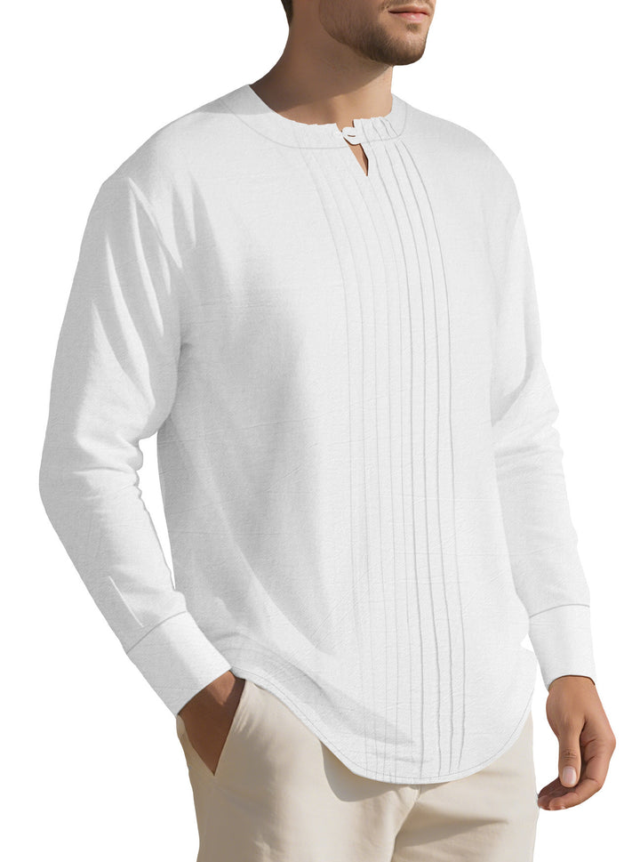Herren Leichtes Langarmshirt im Leinenlook mit Stehkragen, Kellerfalten und Schlaufenverschluss Echoarchiv