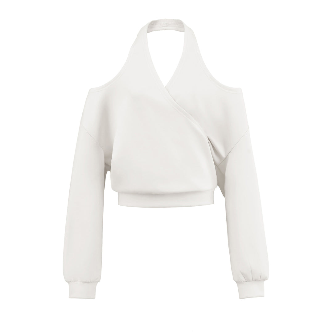 Damen Cropped Sweatshirt mit Neckholder, Cold-Shoulder und Wickeloptik Echoarchiv