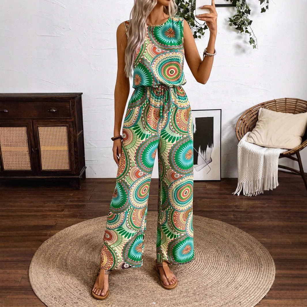 Damen Lässiger Jumpsuit mit Auffälligem Musterdetail und Elastischem Bund Echoarchiv