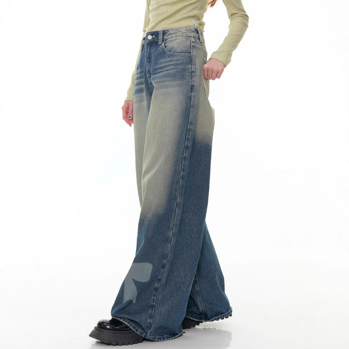 Damen nan hochtaillierte Palazzohose aus Denim mit extra weitem Bein und Schleifenprint Echo Archiv