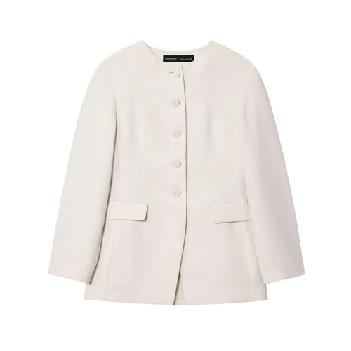 Damen taillierte Blazerjacke mit Rundhalsausschnitt, verdeckter Knopfleiste und Pattentaschen – Valéne