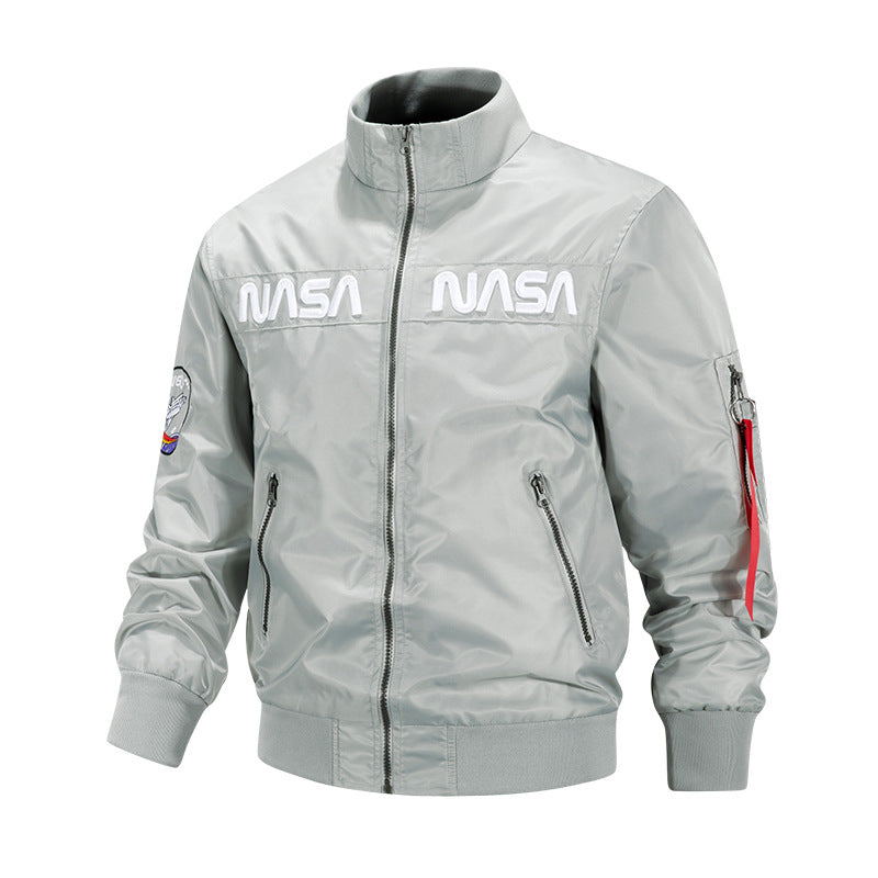 Men's metallic pilot-style zip-up bomber jacket with embroidered chest panels and angled zip hand pockets – Brevano