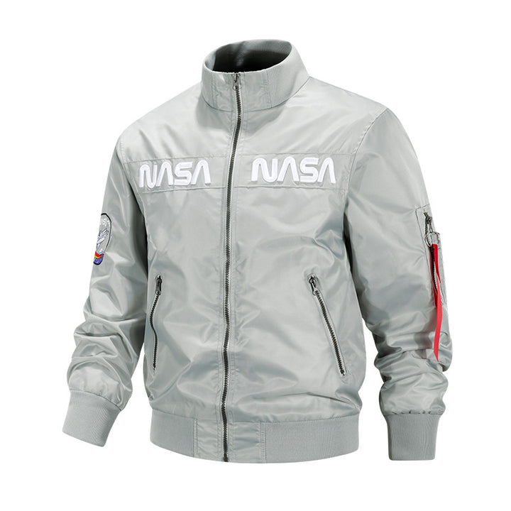 Men's metallic pilot-style zip-up bomber jacket with embroidered chest panels and angled zip hand pockets – Brevano