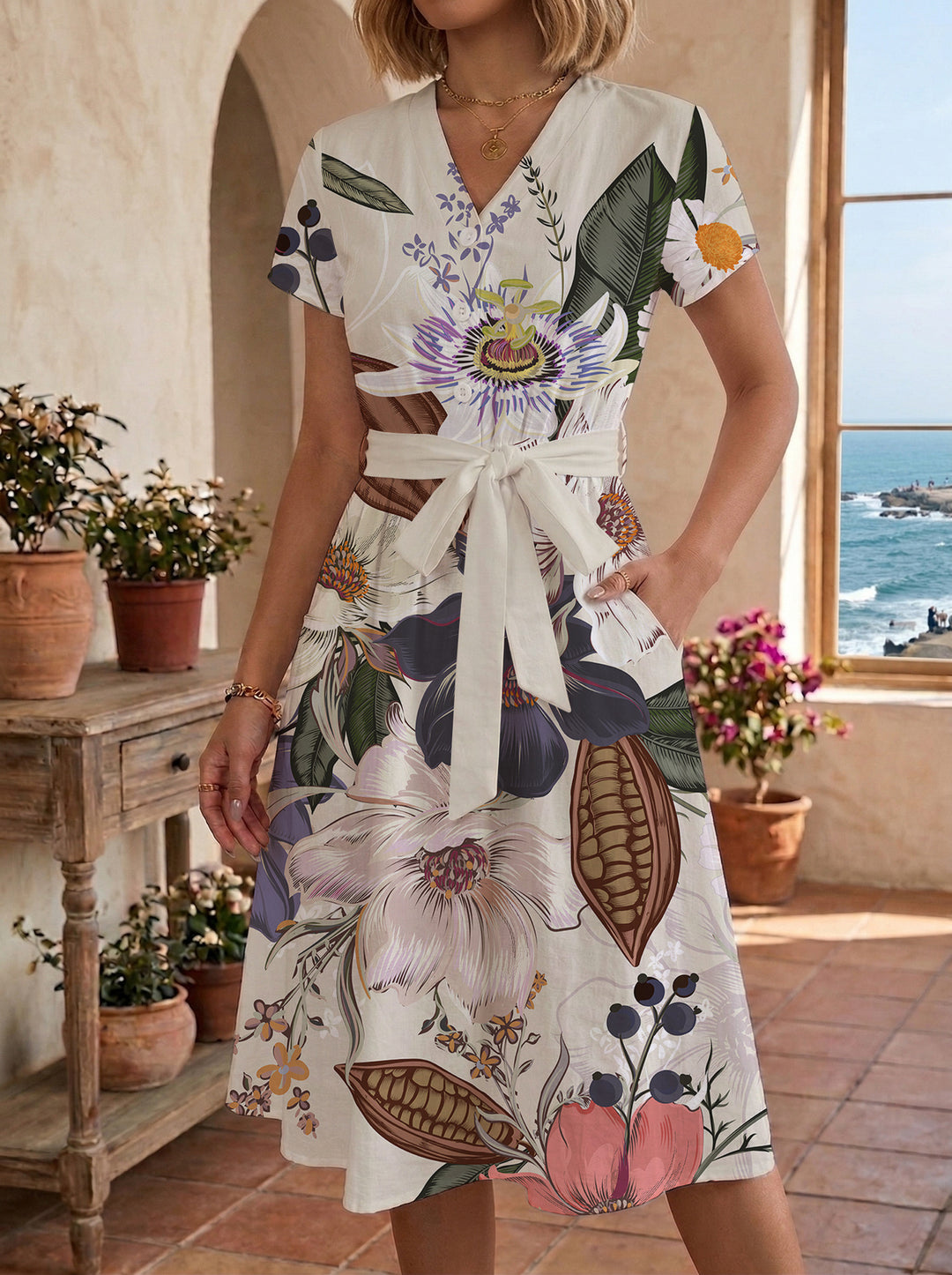 Damen lässiges Kleid mit modernem Leoprint und taillierbarem Gürtel Echo Archiv