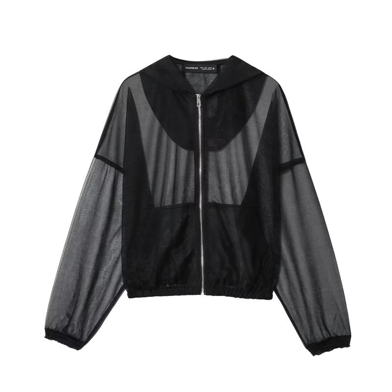 Damen Transparente Mesh-Trainingsjacke mit Kapuze, durchgehendem Reißverschluss und elastischem Saum Echo Archiv
