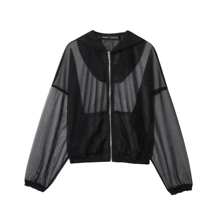 Damen Transparente Mesh-Trainingsjacke mit Kapuze, durchgehendem Reißverschluss und elastischem Saum Echo Archiv