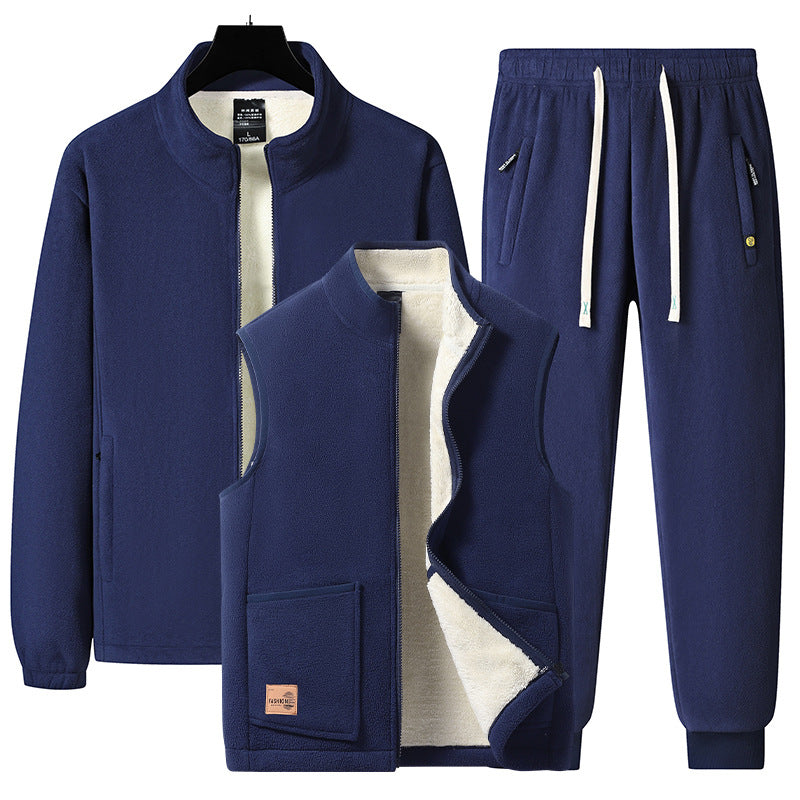 Herren dreiteiliges Fleece-Set mit wattierter Weste, Stehkragenjacke und Jogginghose – Marzano