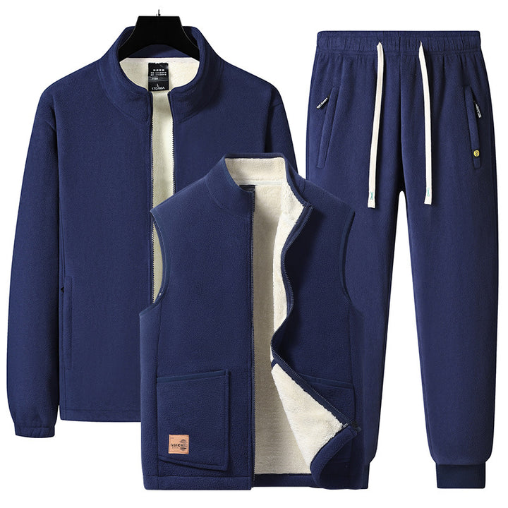 Herren dreiteiliges Fleece-Set mit wattierter Weste, Stehkragenjacke und Jogginghose – Marzano